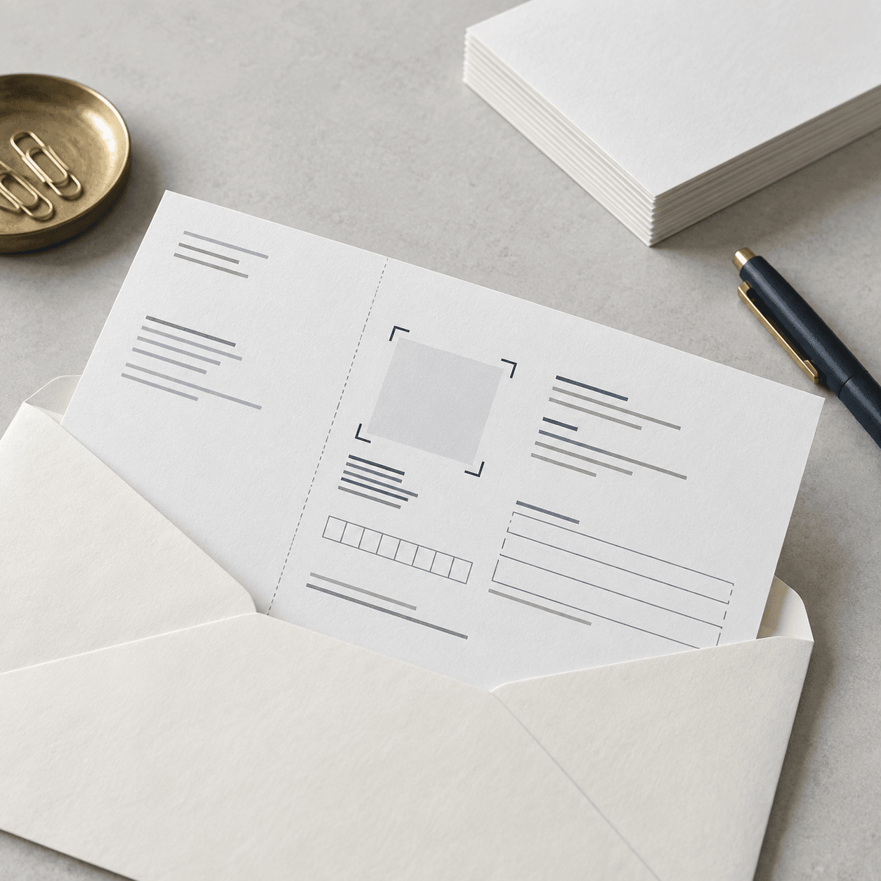 Facture préparée dans une enveloppe sur une table claire